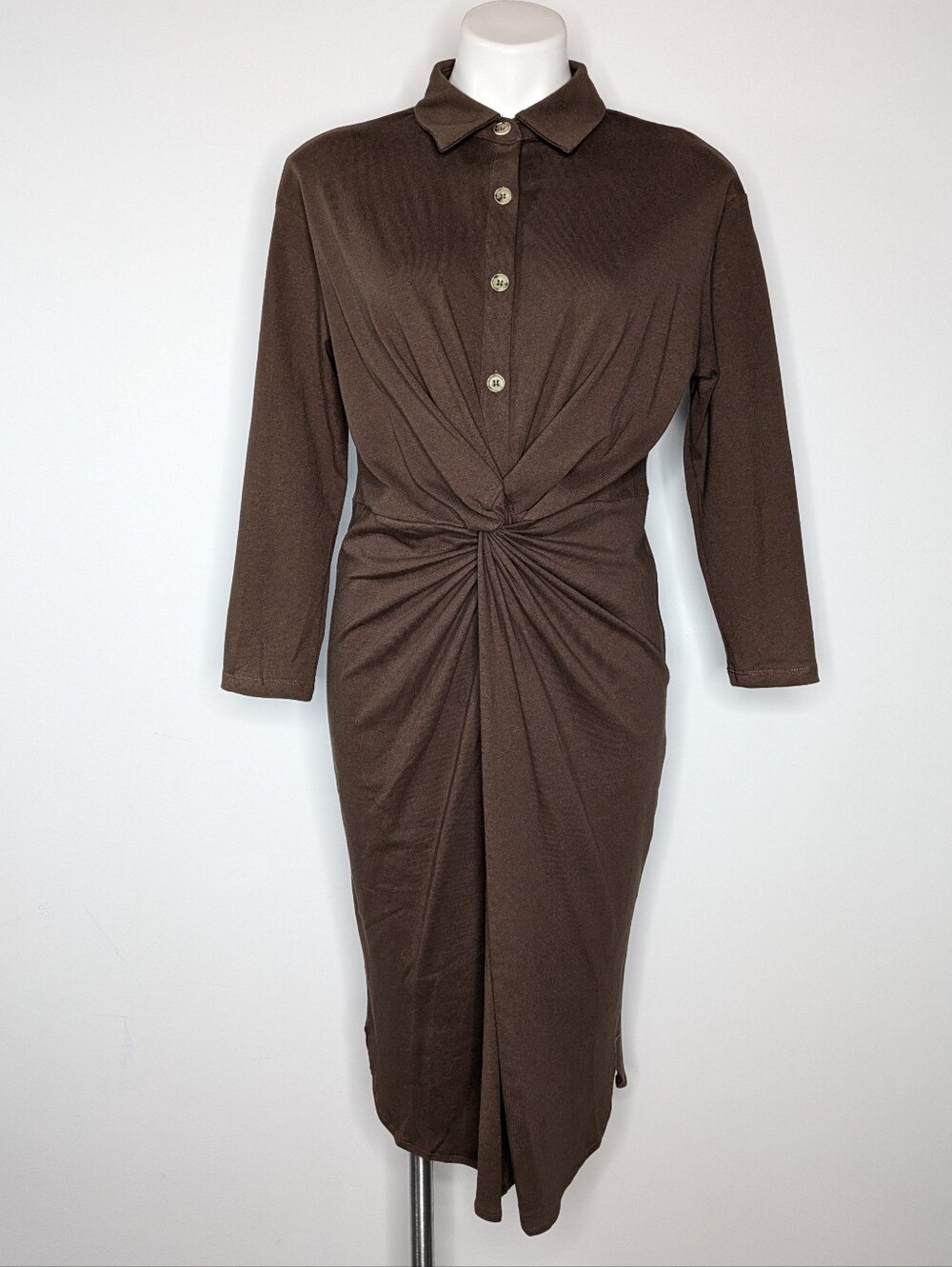 Rivir Brown Cotton Knit Long Sleeve Knee Length Button Top Collared Dress S